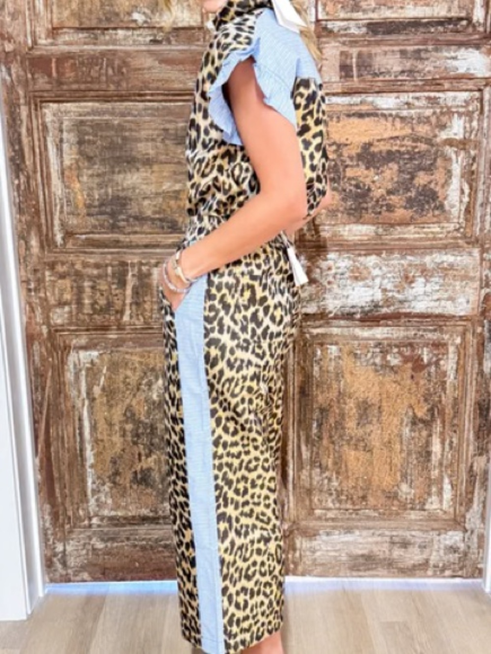 Leopard Print Sleeveless Set with Blue Trim